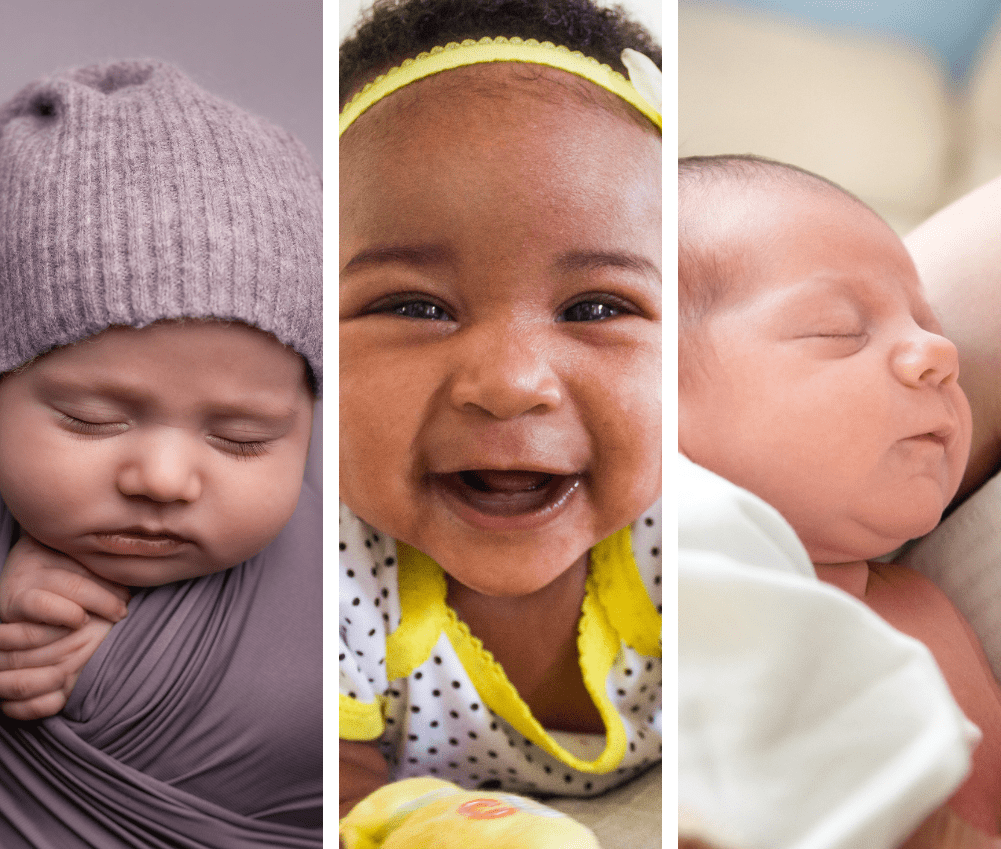 A collage of three different babies with one baby smiling.