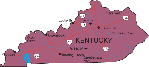 A map of kentucky with the location of louisville highlighted.