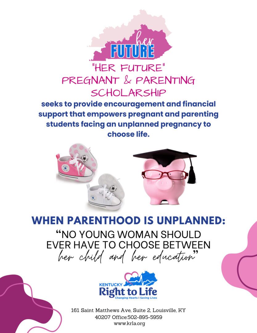 A poster with the words " her future pregnant & parenting scholarship."