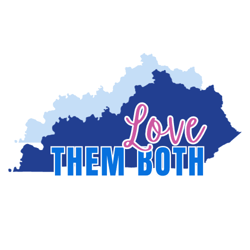 A blue and pink logo that says " love them both ".