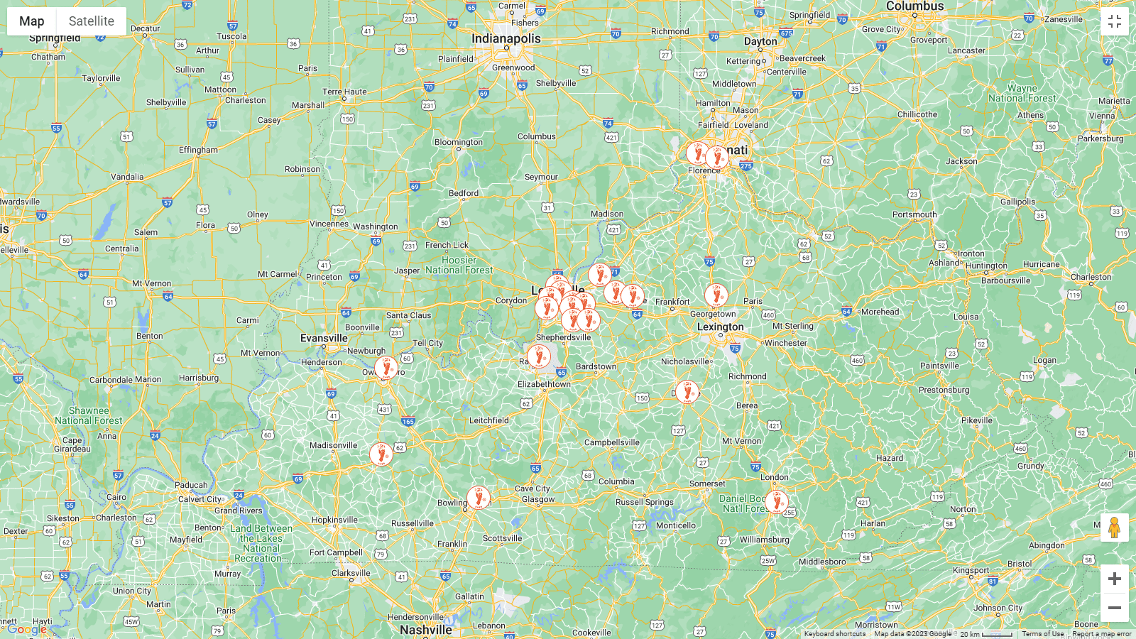 A map of the city with many red dots.