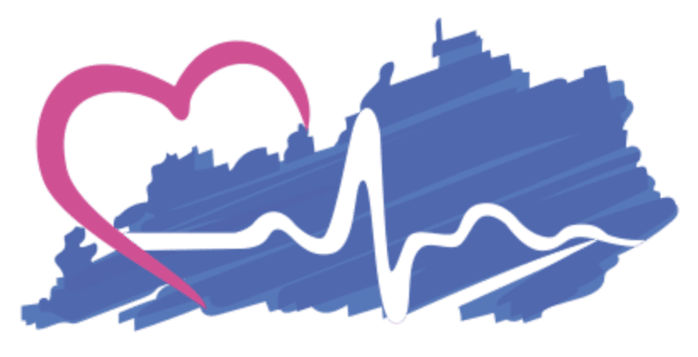 An illustration of a pink heart and a blue Kentucky state outline with a white heartbeat line.