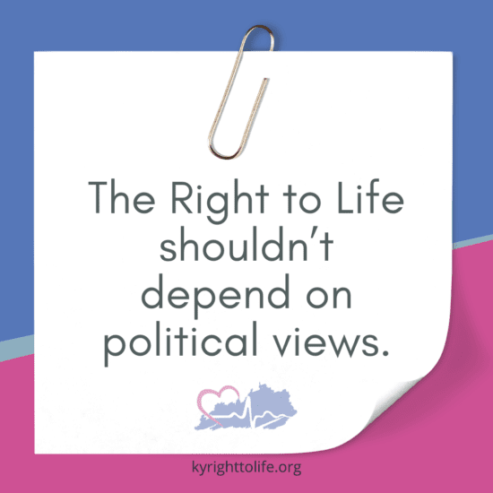 A pink and blue image with a paperclip and the words "The right to life shouldn't depend on political views".