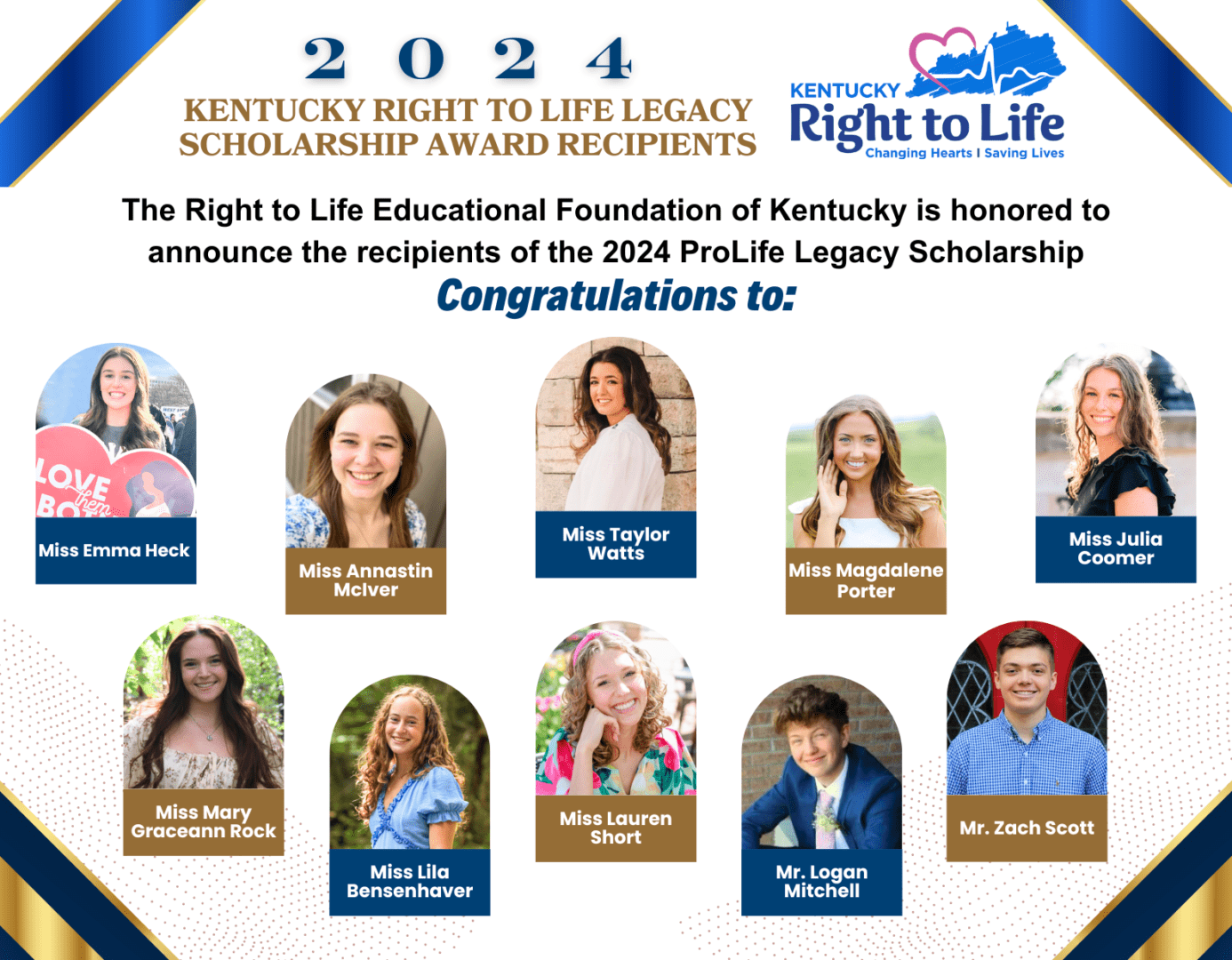 Announcing the 2024 ProLife Legacy Scholarship Recipients!