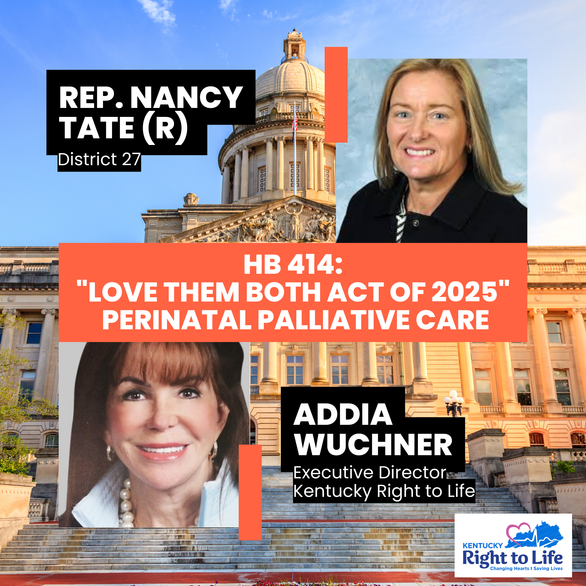 Happening now at the Kentucky Capitol: Join Addia as she attends the House Health and Family Services Committee hearing on HB414, the Prenatal Palliative Care “Love Them Both Act 2025”, alongside Rep. Nancy Tate (R) District 27.